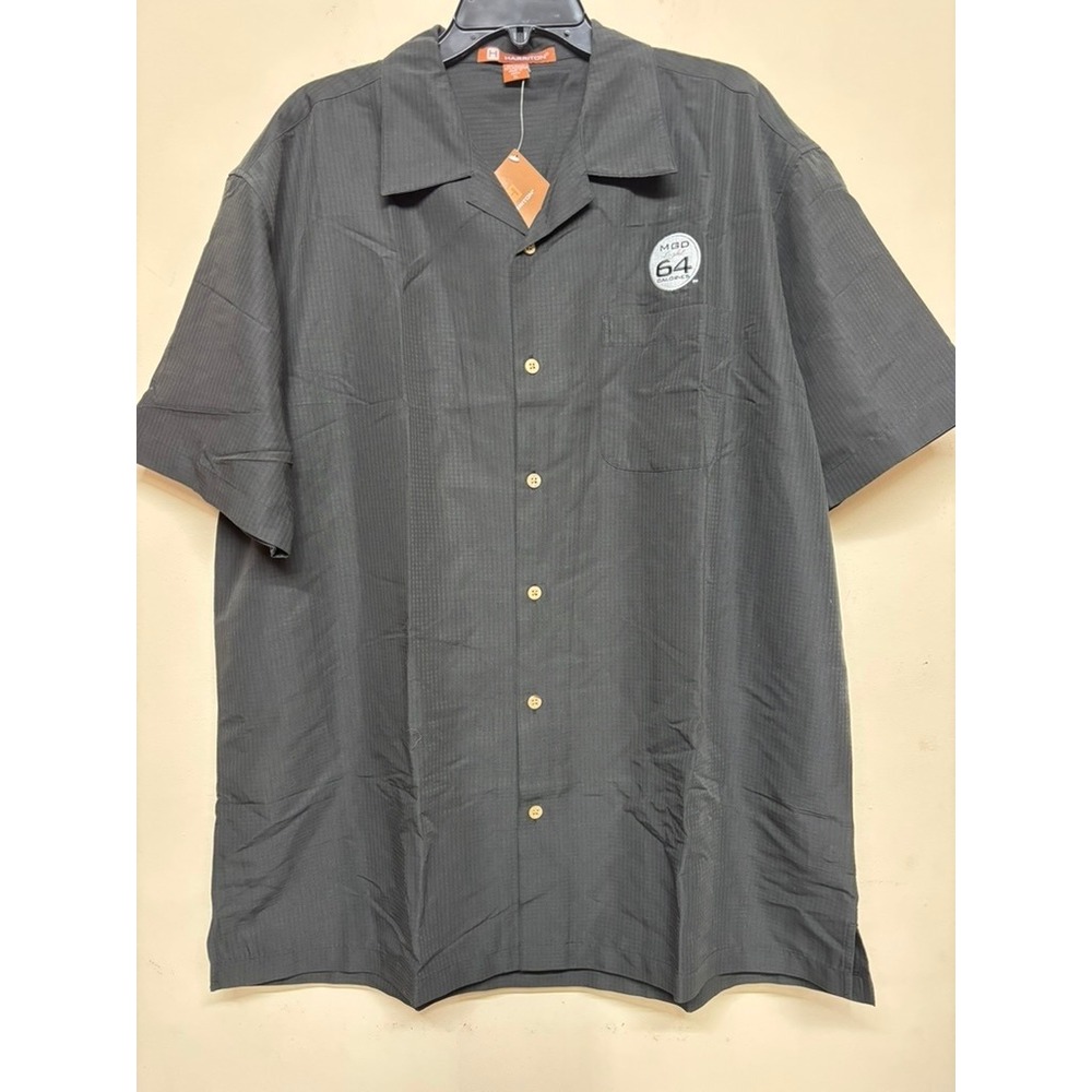 Harrington MGD 64‎ Beer Logo Men's XL Button Up Camp Shirt Black Casual Weekend